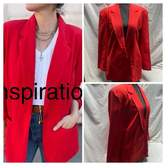 Vtg 80s 90s Red Linen Blazer Oversized Boyfriend 31" Long Jacket Power Suit Chic - Picture 3 of 8